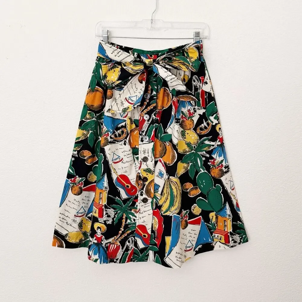 [J. Crew] Novelty Print Postcard Spain Fruit Button Front A-Line Midi Skirt Sz 0